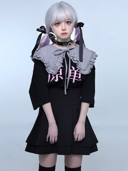 Jirai Oversized Schwarzes T-Shirt mit Rundhalsausschnitt und Kei-Grafik