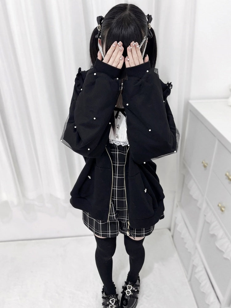 Jirai Kei Black Bunny Ears Lace Trim Hood Bead Details Zip Hoodie