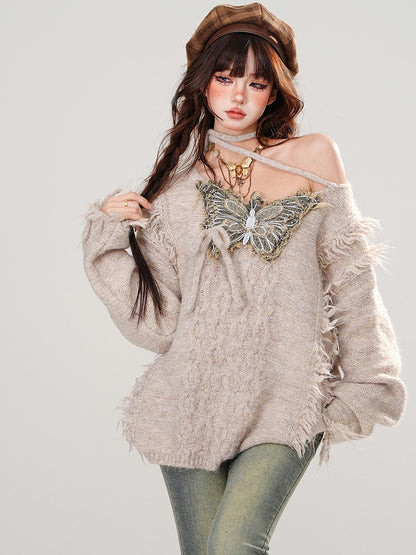 Khaki Denim Butterfly Applique Raw Edge Halter Neck Loose Sweater