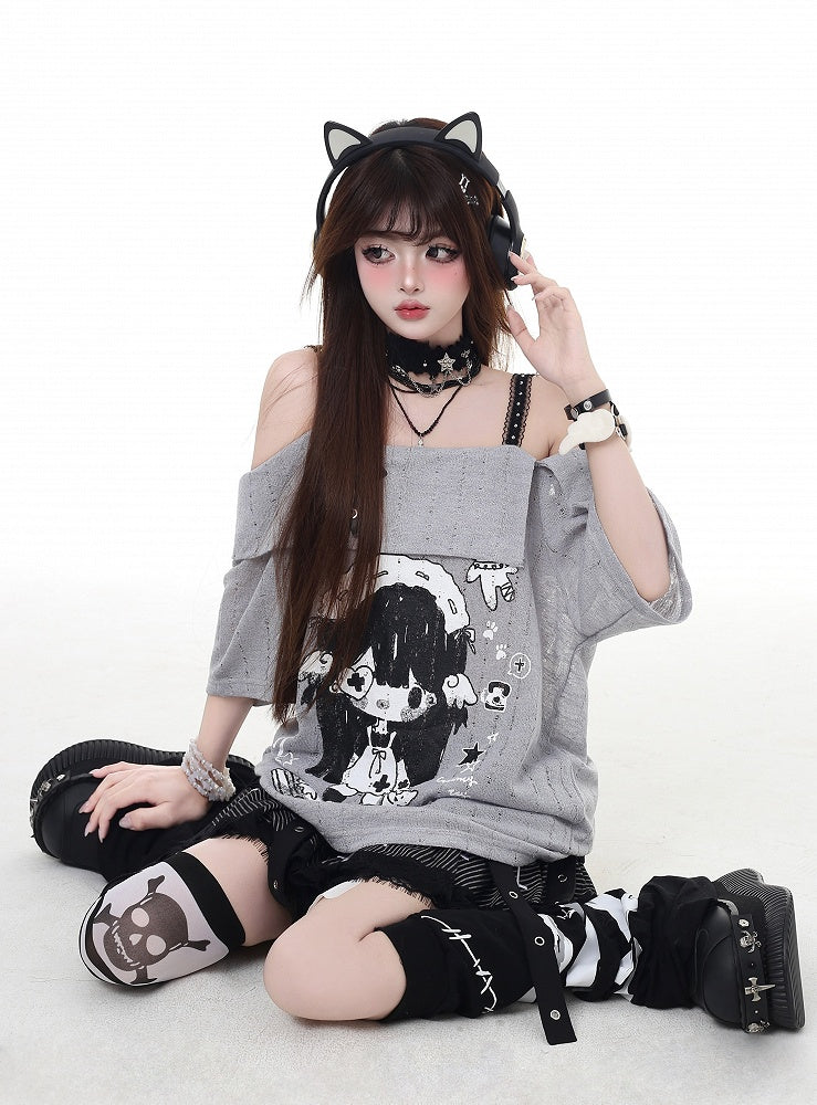 Neckline Girl Print T-Shirt Cartoon Gray/White Off-the-shoulder Criss-cross Design