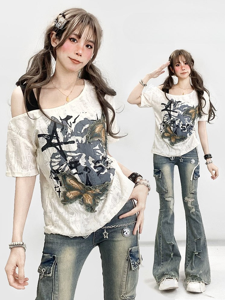 Butterfly White Kawaii Neckline Applique Bittersweet T-shirt Asymmetrical