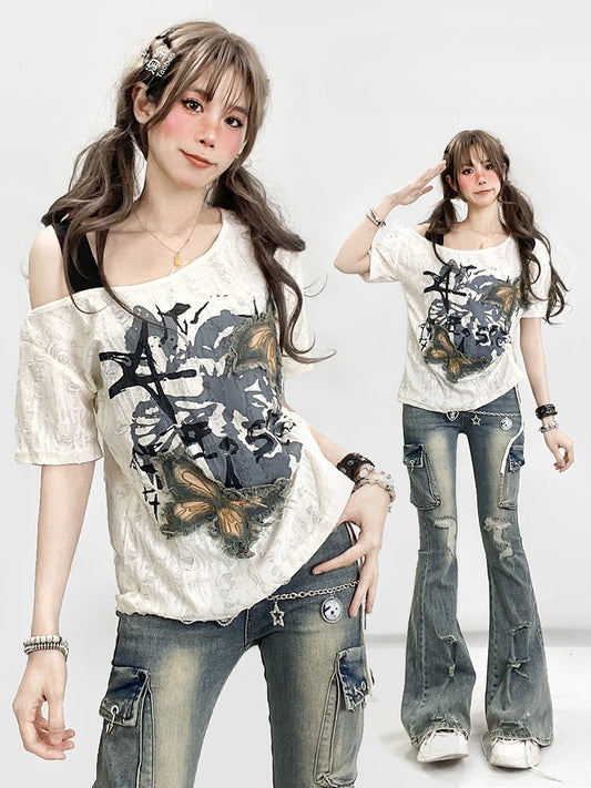 Butterfly White Kawaii Neckline Applique Bittersweet T-shirt Asymmetrical