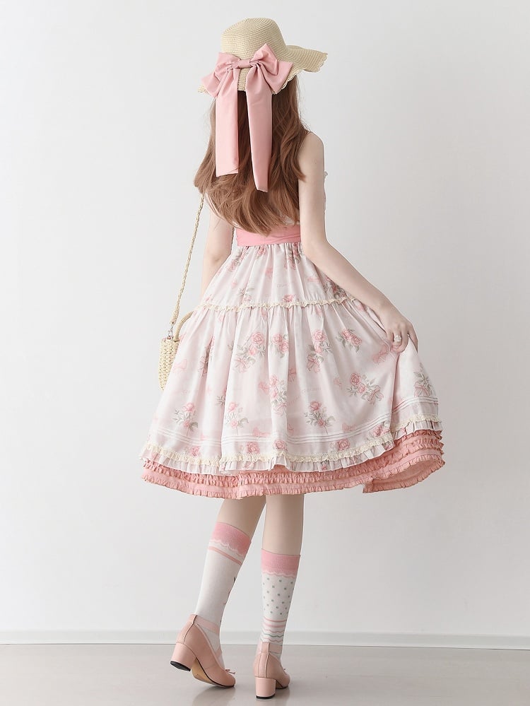 Robe d'été à imprimé rosace rose, motif floral naturel Kei, avec patte de boutonnage sur le devant et jupe pull Lolita