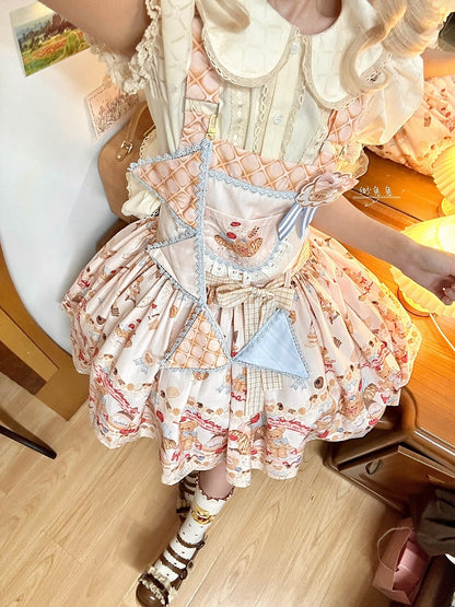 Beige Sweet Teddy Bear and Dessert Lolita Overall Dress