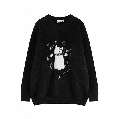 Detail Cat Belt Sweater Collar Knit Flocked Embroidery - Kawaii White/Black
