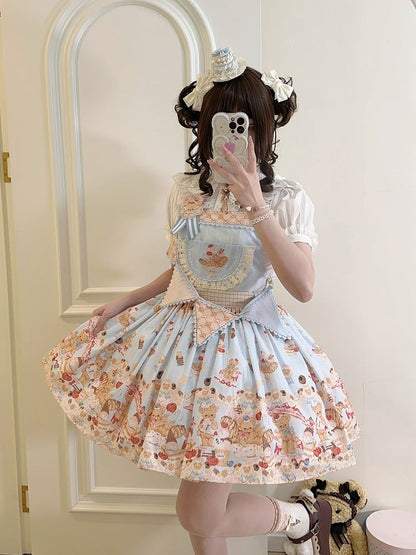 Blue Sweet Teddy Bear and Dessert Lolita Overall Dress