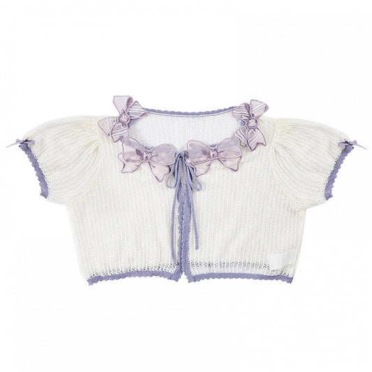 Purple Bowknot Applique Neckline Short Sleeves Top