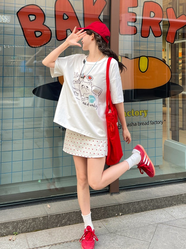 White Round Neck Kitty Print Loose T-Shirt