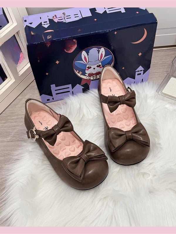 Toe Bunny-shaped Clasp Bow and Embellishment Round Low-heel Brown