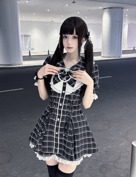Mini Dress+Shorts Jirai Black Lace-up Plaid Set Embellished Details Kei Waist Rhinestones