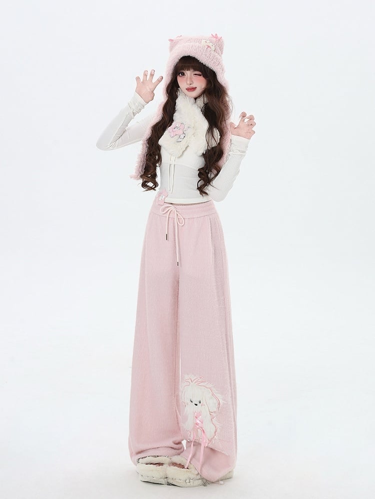 Pink Cute Puppy Straight-leg Cut Pants