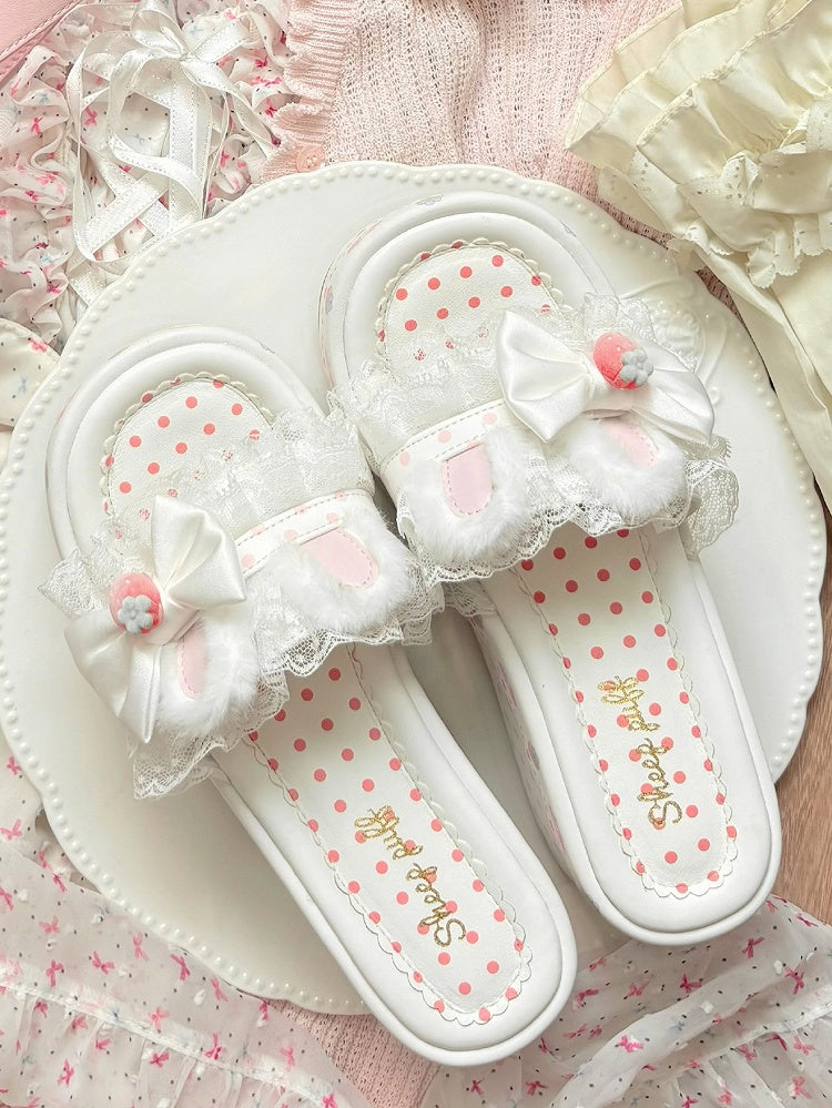 Trim Bow Platform Lolita Lace Accents Sweet White Ear Bunny Slippers Plush