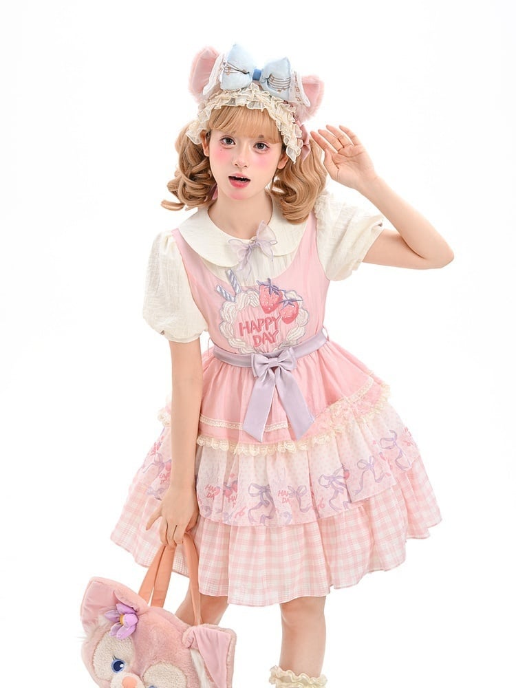 Strawberry Cake Embroidery Pan Tiered Lolita Dress Pink Skirt Peter Collar Sweet