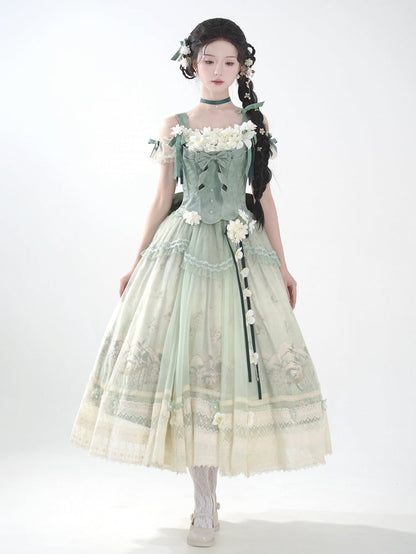 Decoration Set Jasmine Print Top Green Skirt Lolita Corset Classic Long Floral +