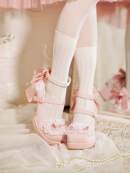 Pink High Trim Lace Heels Heart Top Bow at Block Buckles Knotted