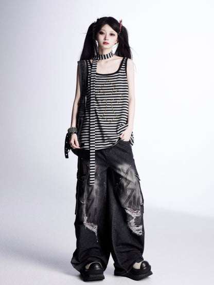 with Free Black and Gray Stripes Studded Cross Vintage Scarf Tank Top