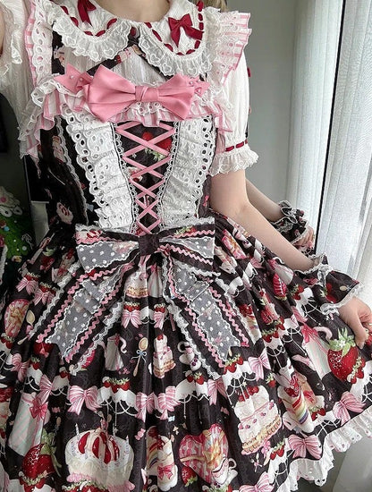 Print Skirt Black Bows Strawberry Jumper Dessert Sweet Lolita and
