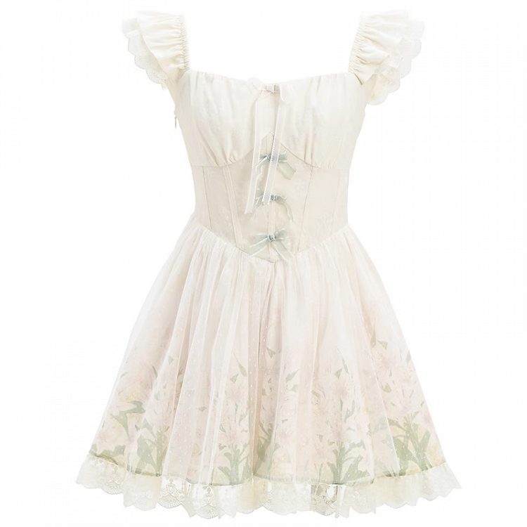 with Mesh Overlay Lily Print Dress Beige Flutter Sleeves Basque Waist