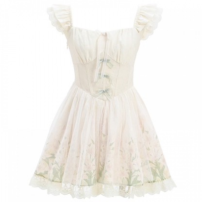 with Mesh Overlay Lily Print Dress Beige Flutter Sleeves Basque Waist