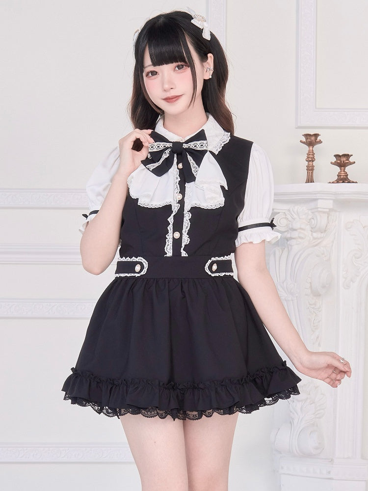 Kurzarm-Set: Shorts mit Rücken und Trägern, zweiteiliges schwarzes Kleid, passendes Jirai Kei zum Binden