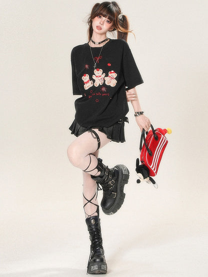 White/Black And Kawaii Daily Applique Bear Embroidery T-shirt Letter Firework