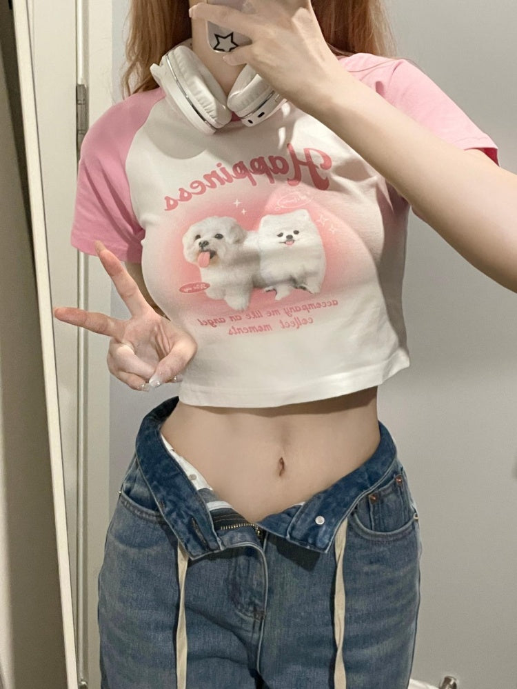 Black Pink Cute Puppy Print Cropped Top