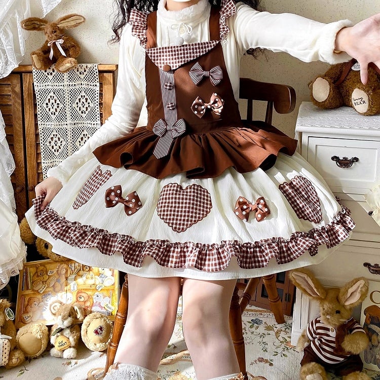 Chocolate Gingham Sweet Bowknot Lolita Overall Dress