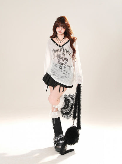 Vネック クロスプリント サンプロテクション カバーアップ ブラック/ホワイト