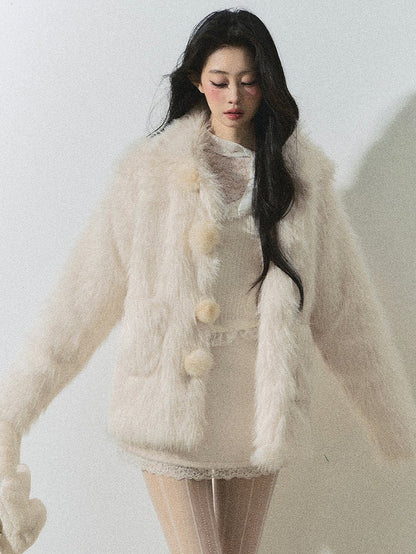 Faux Fur Coat Pompom Button Design