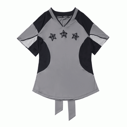 T-shirt Star Appliques V-neck Sports Colorblock Design Plaid Black/Gray