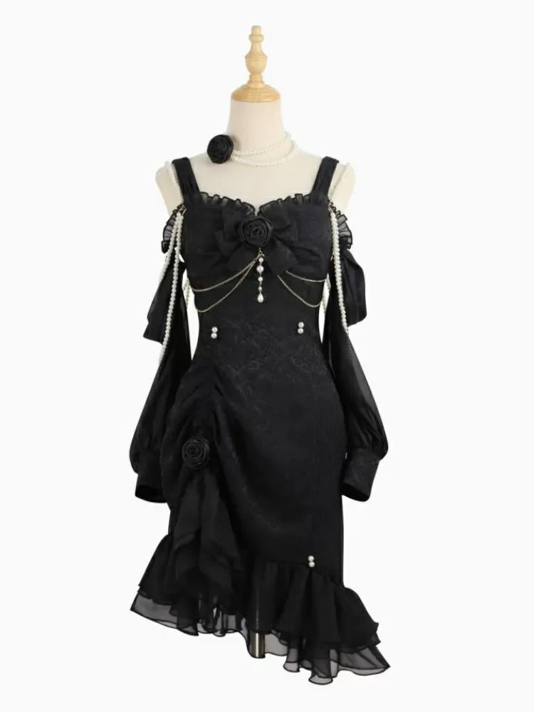Bead Jacquard Ruffle Camellia Black Lolita Mermaid Decoration Detail JSK Rose Hemline