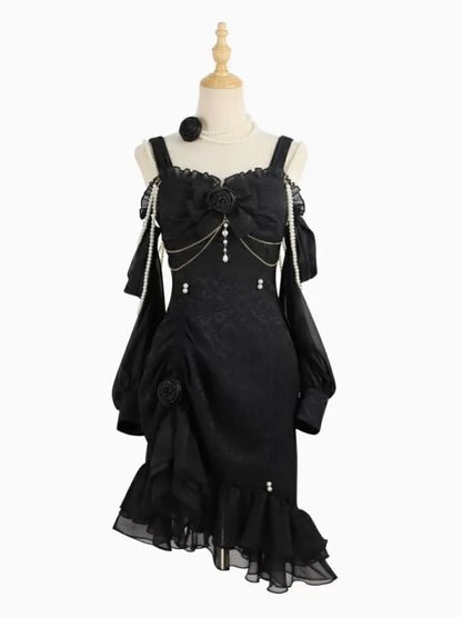 Bead Jacquard Ruffle Camellia Black Lolita Mermaid Decoration Detail JSK Rose Hemline