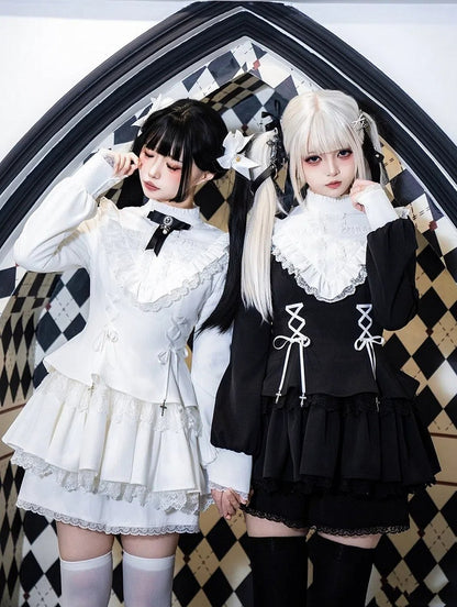 Träger Charm Kleid Gothic Weiß Rüschen Lolita Ausschnitt Schnürung Kreuz