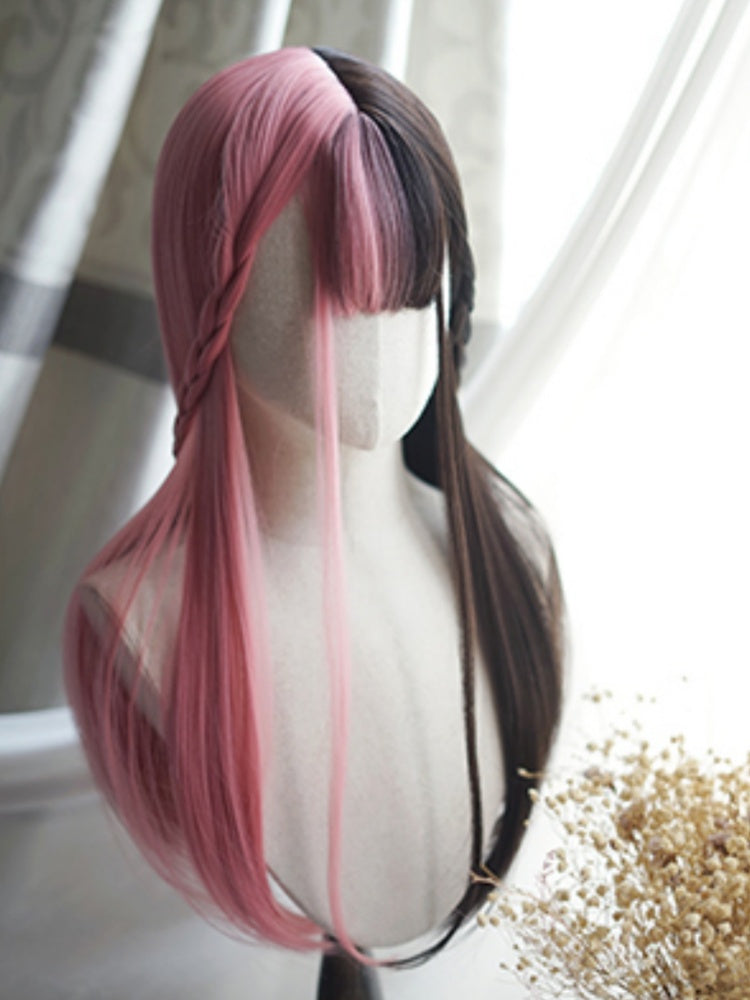 Pink&Black Split Color Waist Length Straight Wig With Full Bangs
