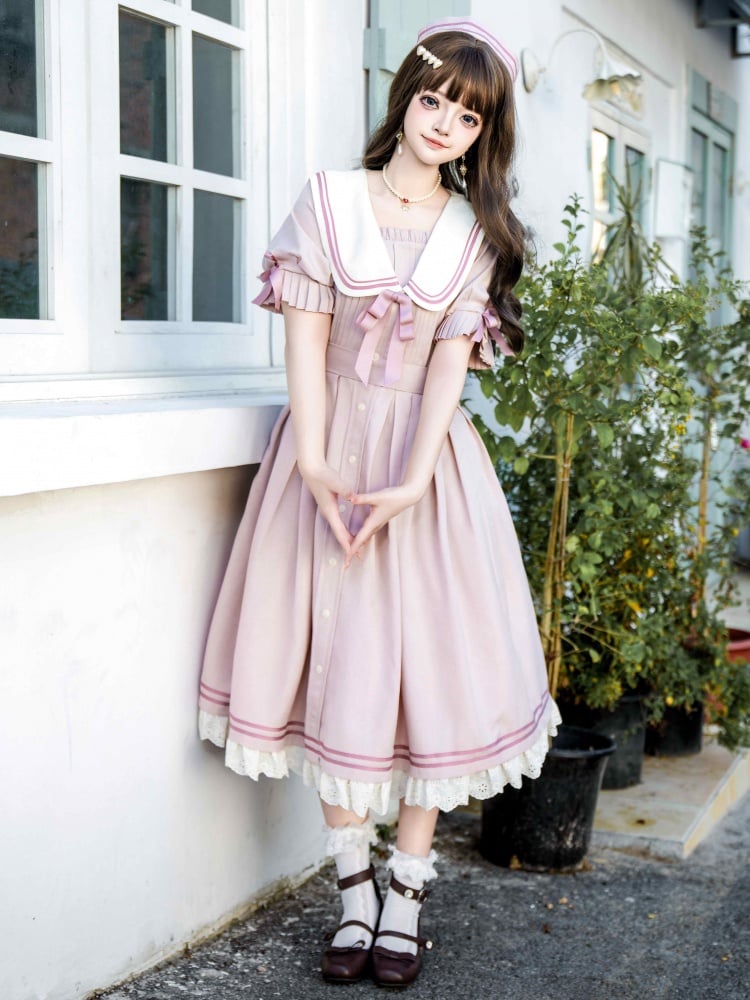 Sakura Pink Sailor Style Summer Dress Pleating Detail Cuffs