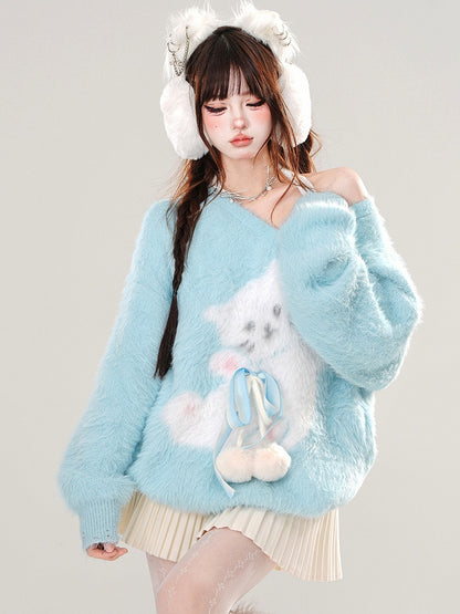 Pink/Blue Cute Kitty Pattern Bowknot Details Halter Neck Soft Sweater