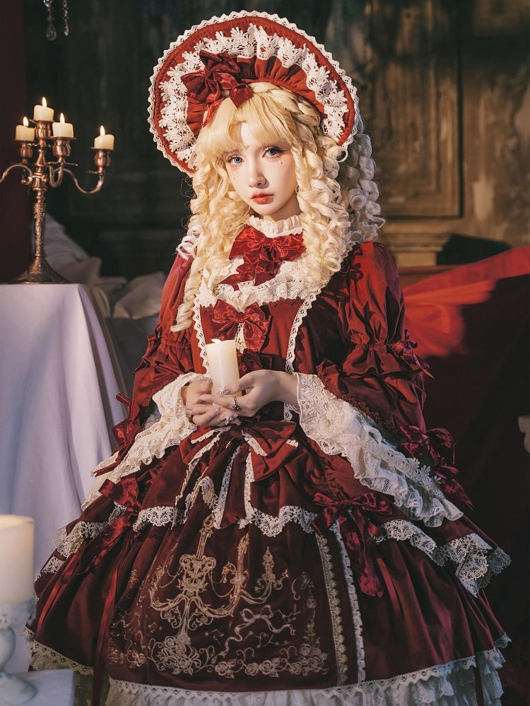 Red Candle Dress Candlestick Embroidery Velvet Bell and Sleeves