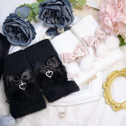 Jirai Kei Dusty Pink Black Fluffy Bows Adorned Knit Gloves