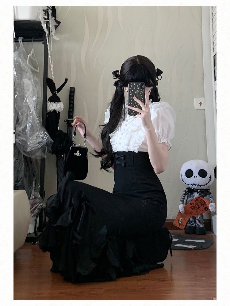 Lolita White Pieces Black Elegant Two Design Mermaid and Dress Waist Skirt Boned Fake Blouse