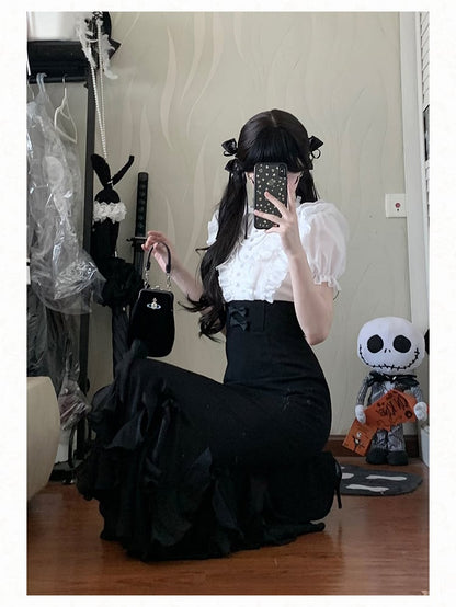 Lolita White Pieces Black Elegant Two Design Mermaid and Dress Waist Skirt Boned Fake Blouse
