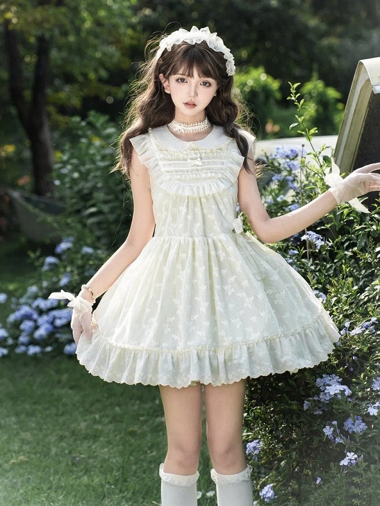 Butterfly Lolita Peter OP Lace Creamy Set Full Patched Pan Dress Collar