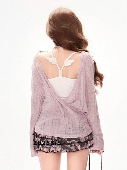 Cover-Up Cardigan Knit Protection Loose Purple V-Neck Sun Deep with