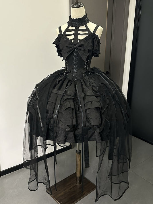 Bow Ovarlay and Gothic Dress Corset Big with Lolita Detachable Skirt Design Black Birdcage Waist Lace-ups