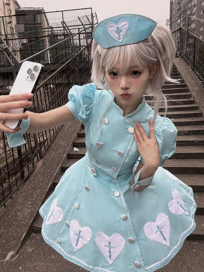 Heart Puff Patches Sleeves Lolita Blue White Dress Nurse Cross