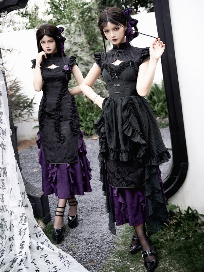 Full Jacquard Hem Qi Ruffle Set Black Qipao Cthulhu Lolita Dress Vibes Purple Trim Cascading