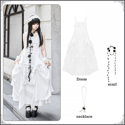 + Drawstring Design Necklace White Goth Ruffles Loose Scarf Dress Cascading
