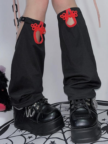 Y2K Warmers Leg BlackRed Knot Button Cheongsam Style