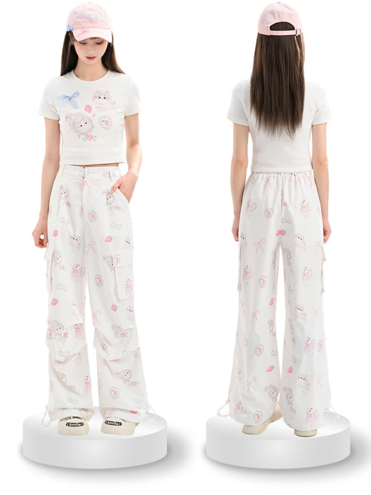 Cuffs Adorable Kitty Print Cargo Pockets Drawstring White Wide-Leg Pants