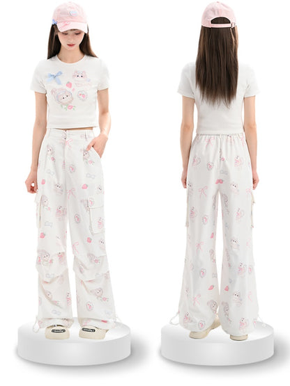 Cuffs Adorable Kitty Print Cargo Pockets Drawstring White Wide-Leg Pants