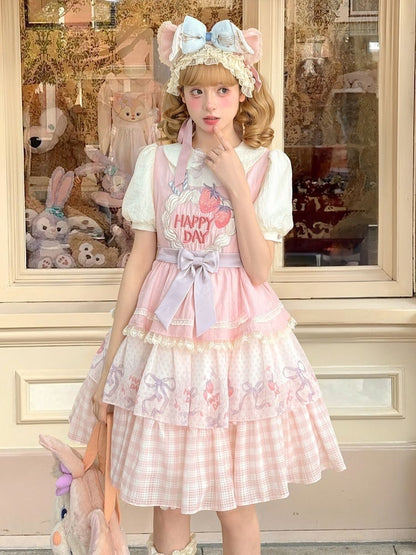 Strawberry Cake Embroidery Pan Tiered Lolita Dress Pink Skirt Peter Collar Sweet